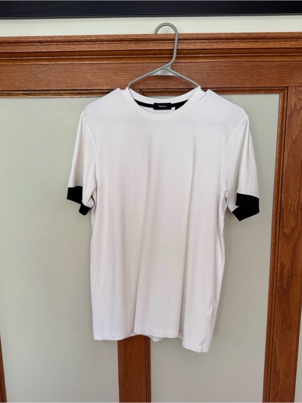 Theory White Short-Sleeve Crewneck T-Shirt with Black Cuff Detail